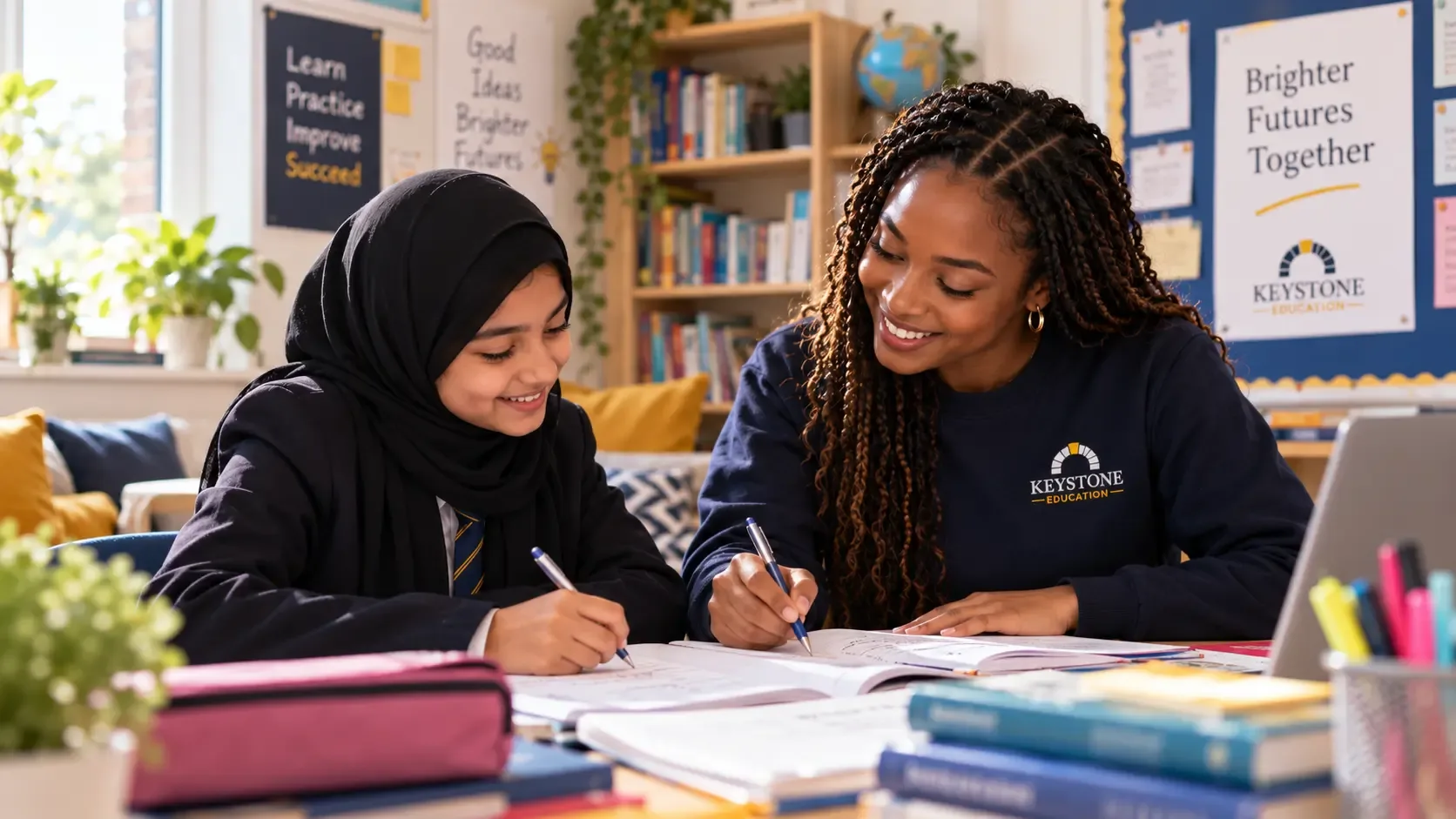 Tutor discussing written work with a student