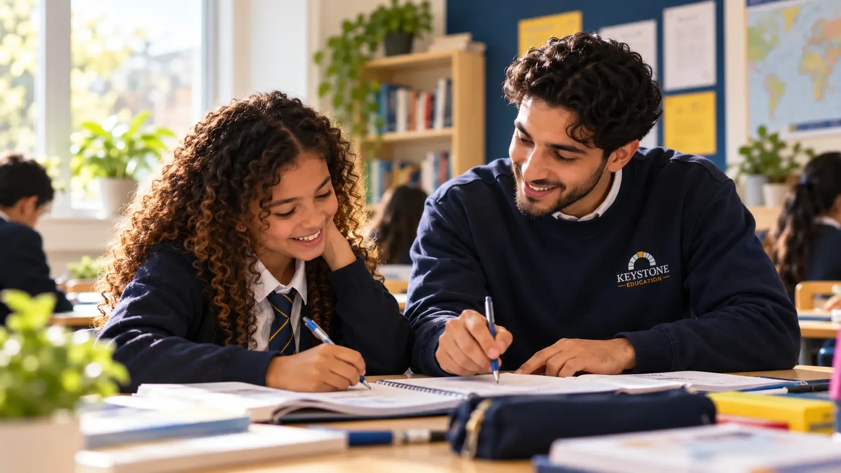 Tutor helping a student with notebook work