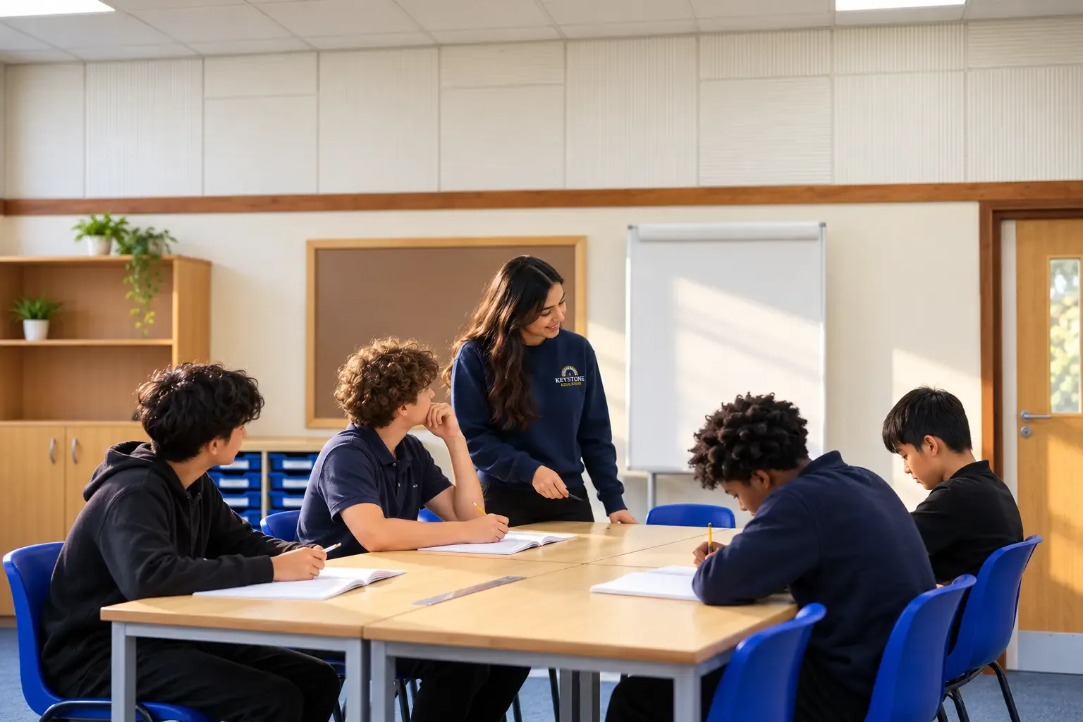 Students learning together with a tutor in a classroom