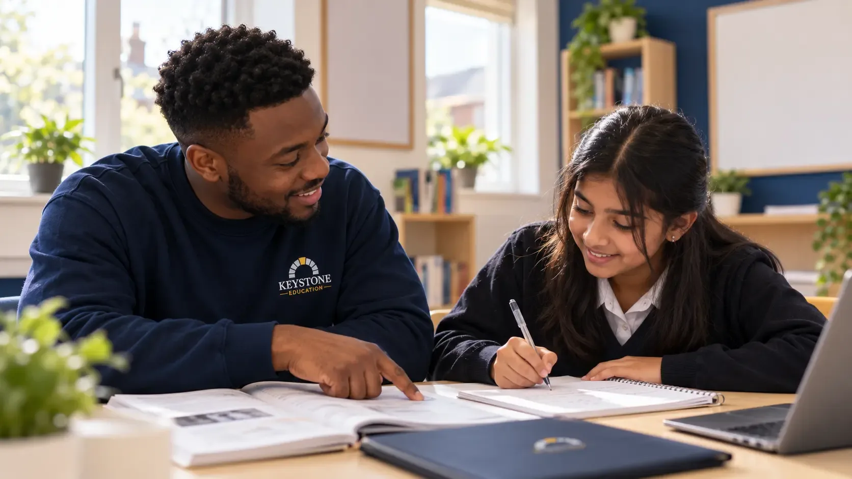 Tutor guiding a student through written exercises