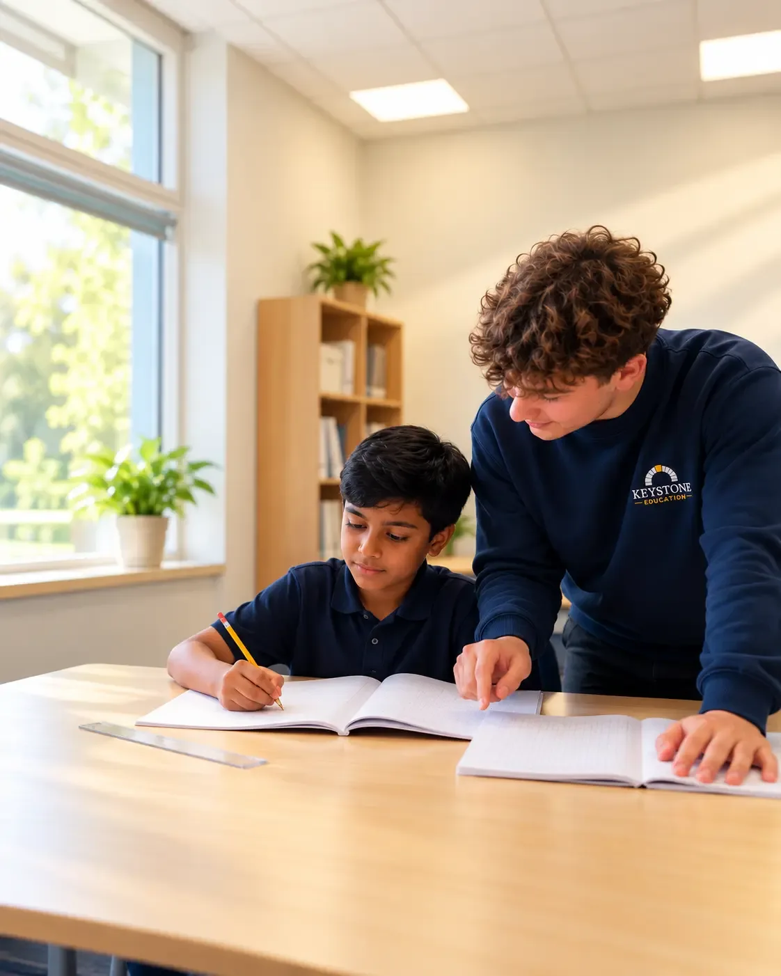 Tutor guiding a student through workbook exercises
