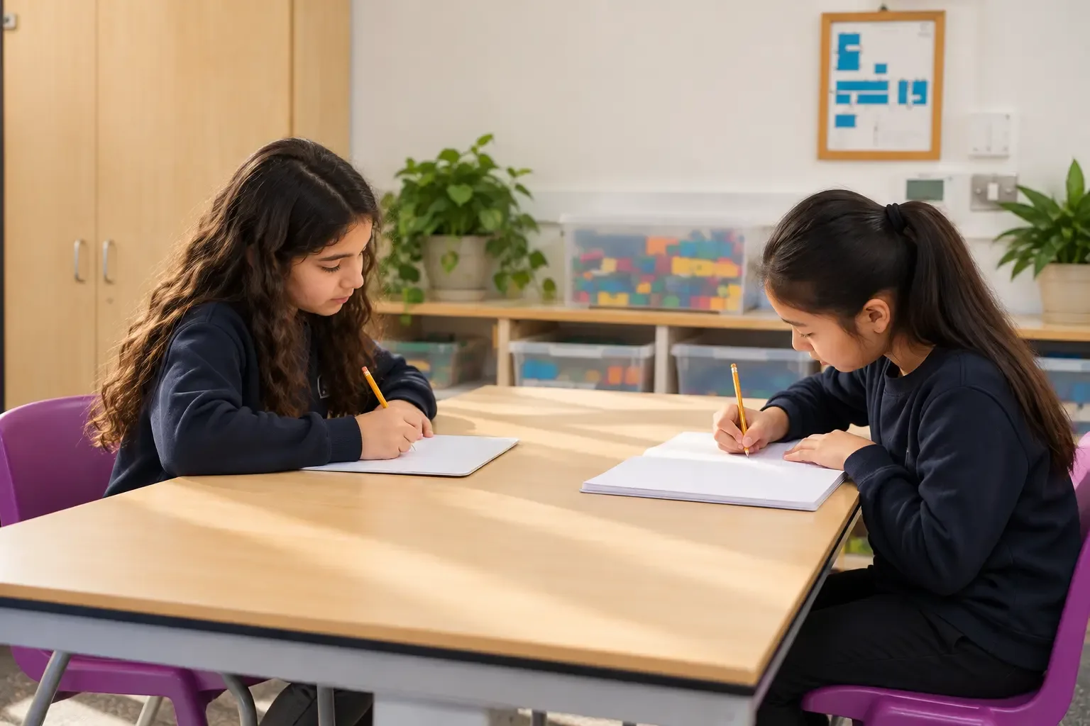 Tutor and student studying at a classroom table