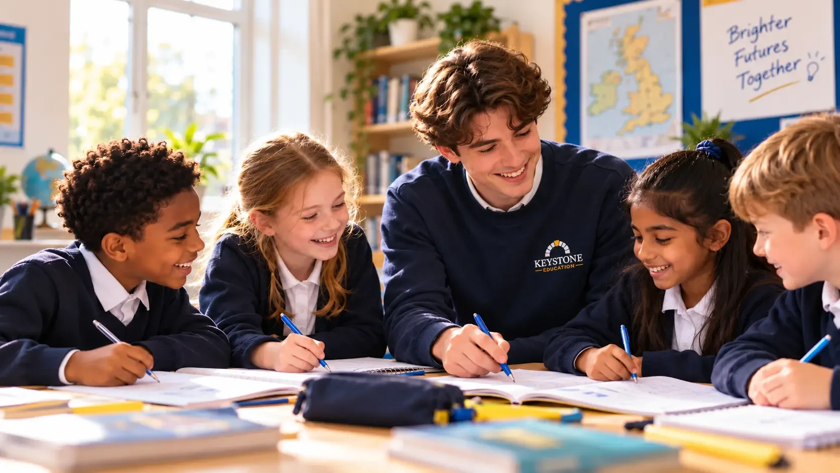 Tutor working with a group of students around a table