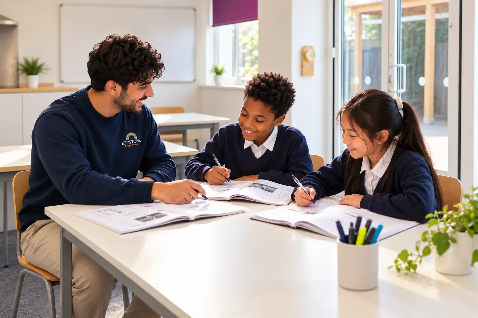 Tutor supporting a small group with their written work