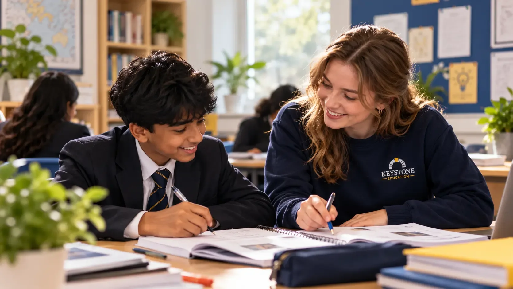 Tutor helping a school-age student with written exercises