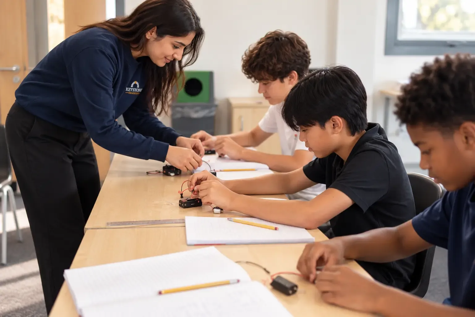 Tutor helping students build an electronic circuit