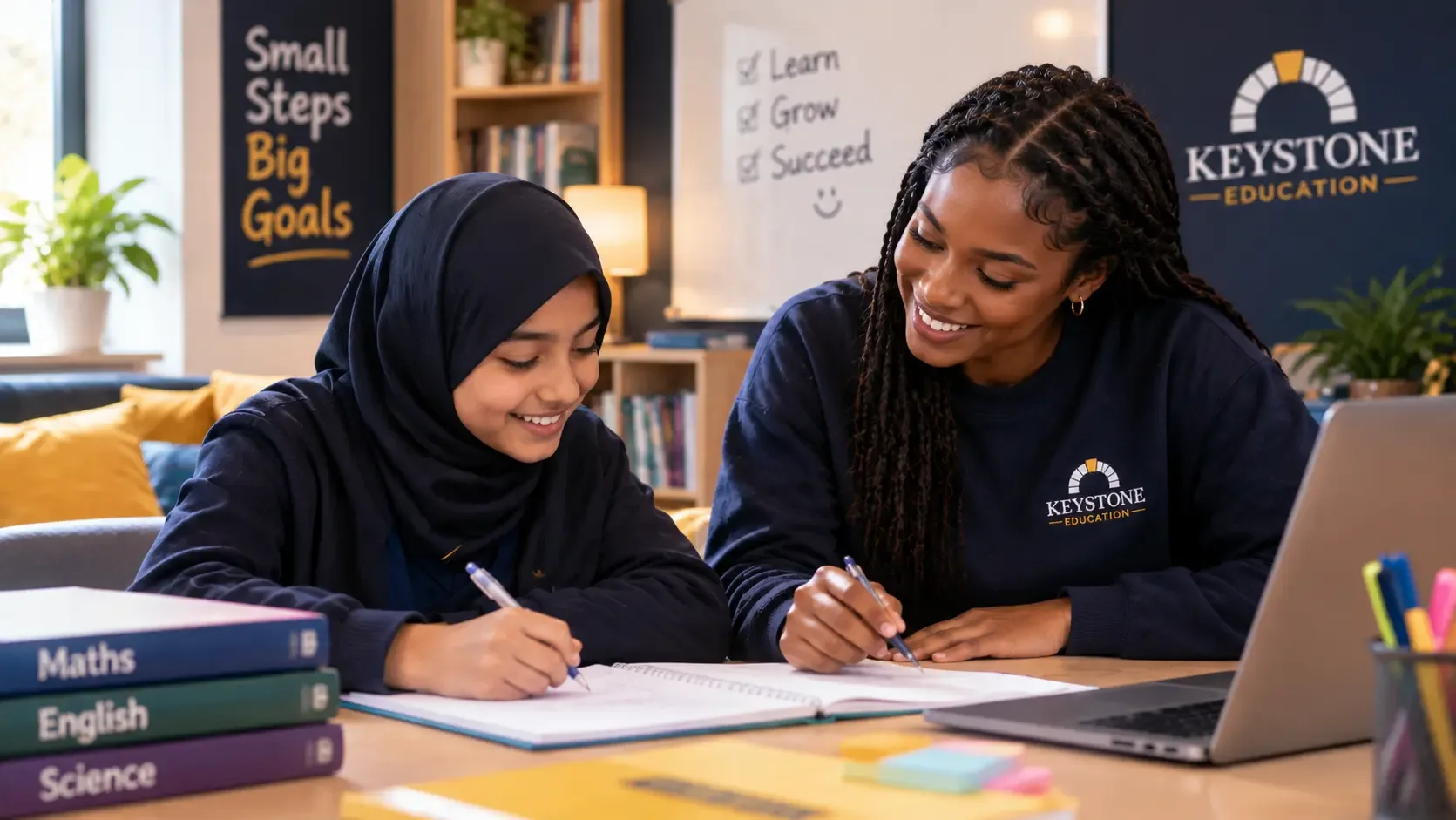Tutor supporting a student with workbook practice