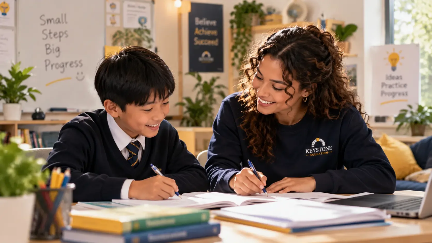 Tutor guiding a student through written work