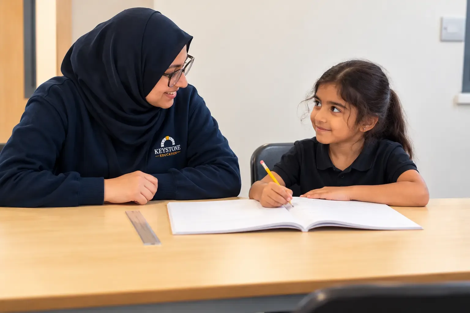Tutor helping a younger student with a workbook