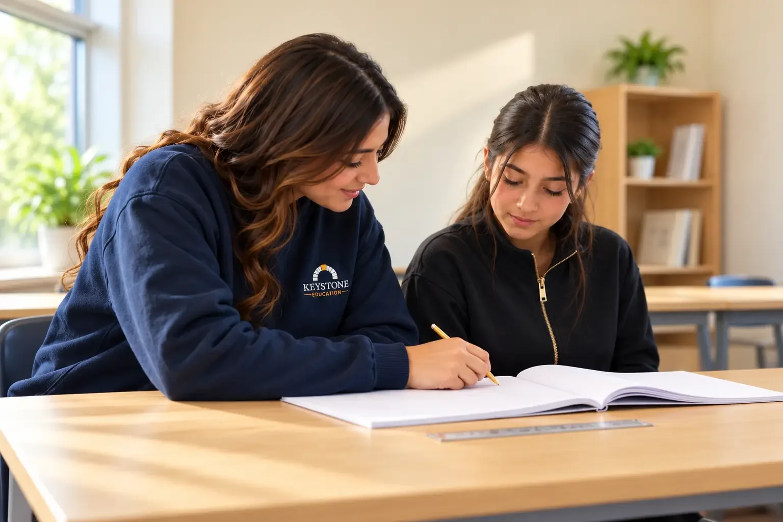 Tutor guiding a student through notebook work