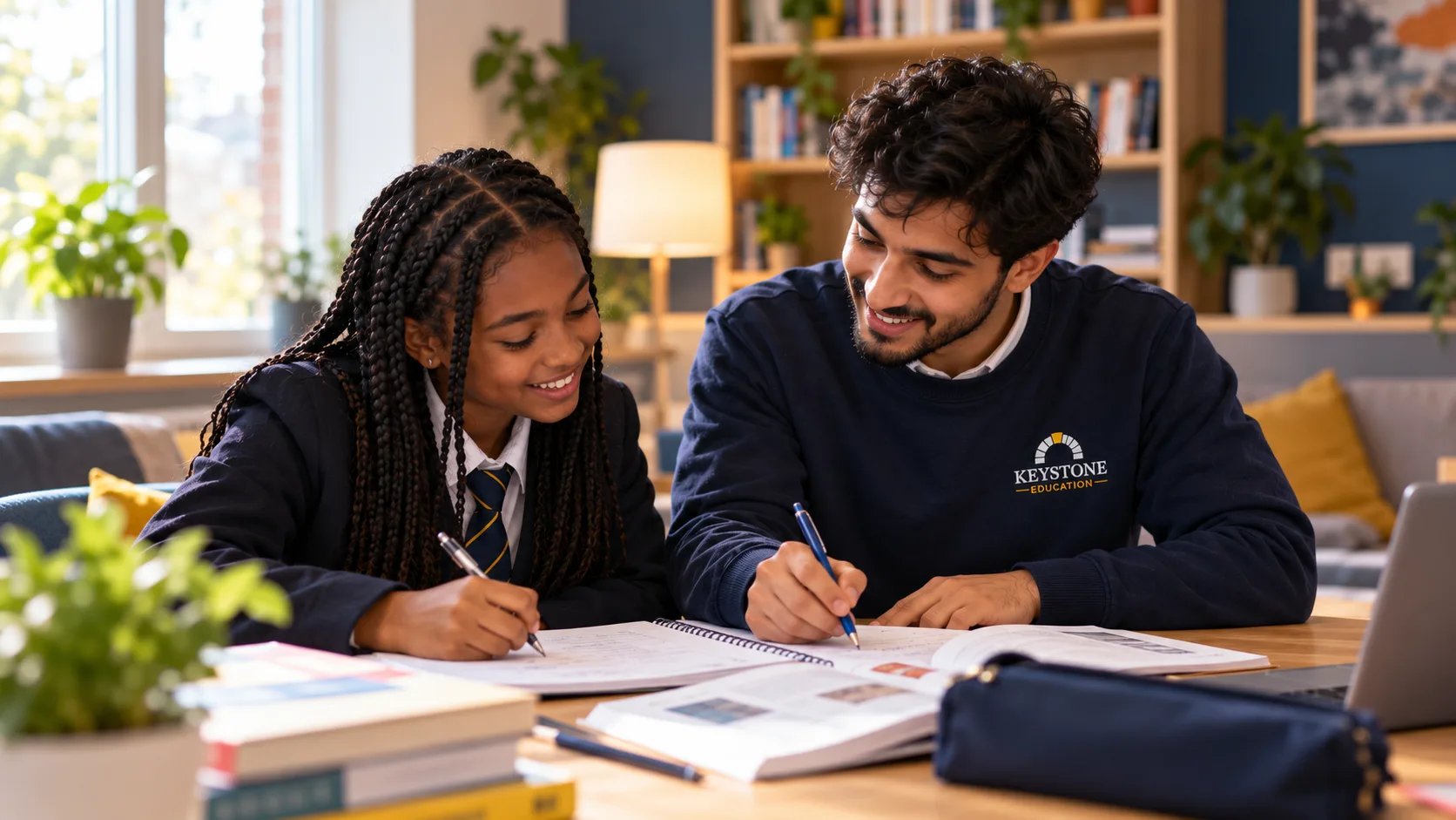 Tutor and student reviewing written exercises together