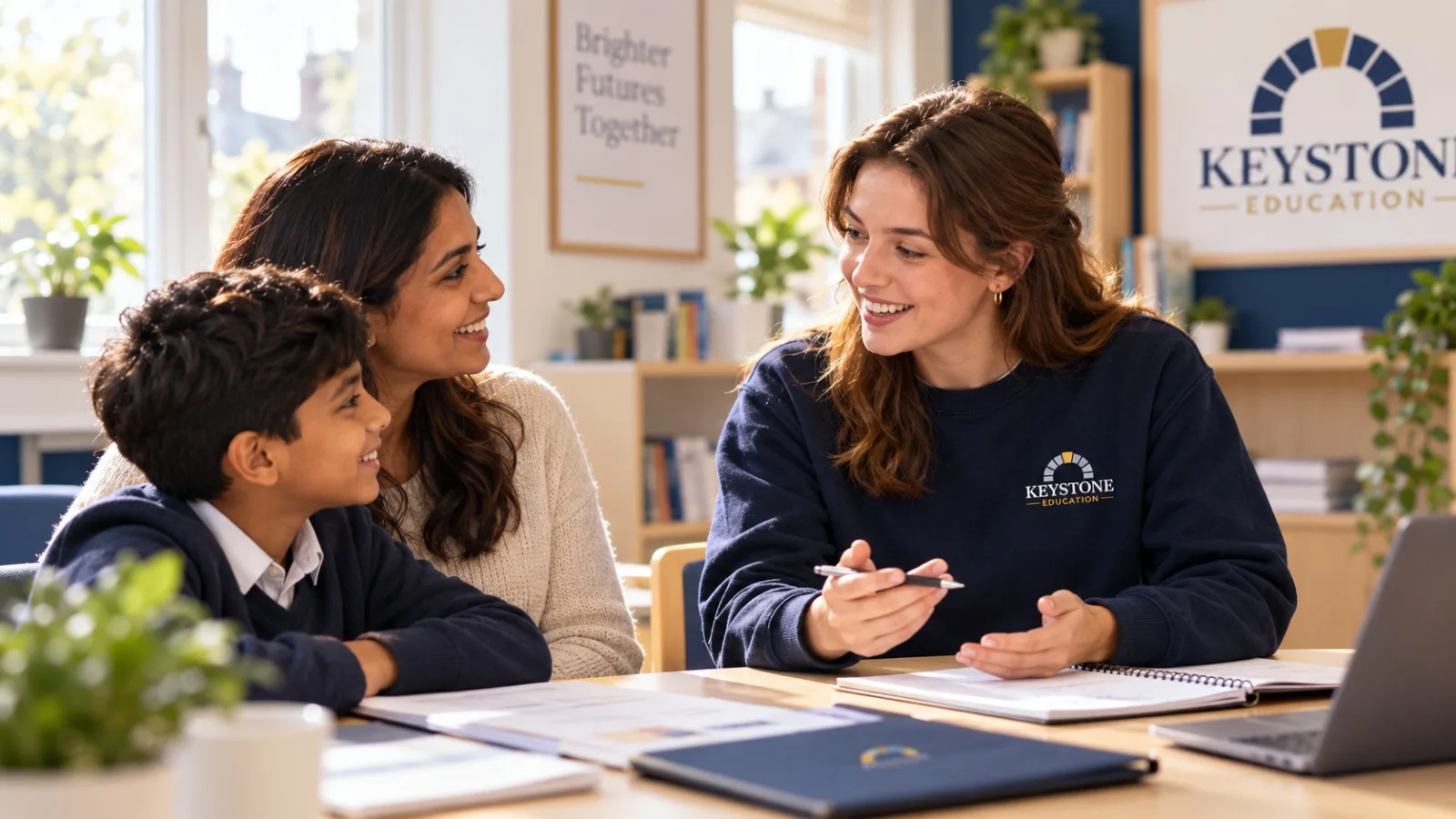 Tutor talking with a parent and child at a classroom table